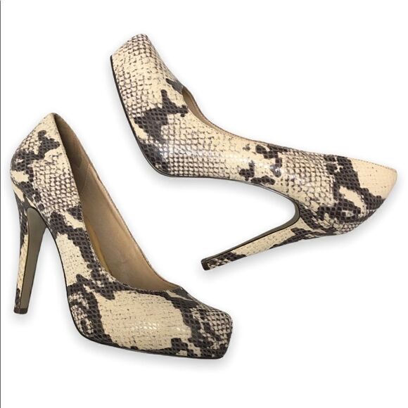 Nude Leather Snakeskin Embossed Soft Touch Cream & Taupe Gray Platform Pumps 39 - Picture 1 of 16